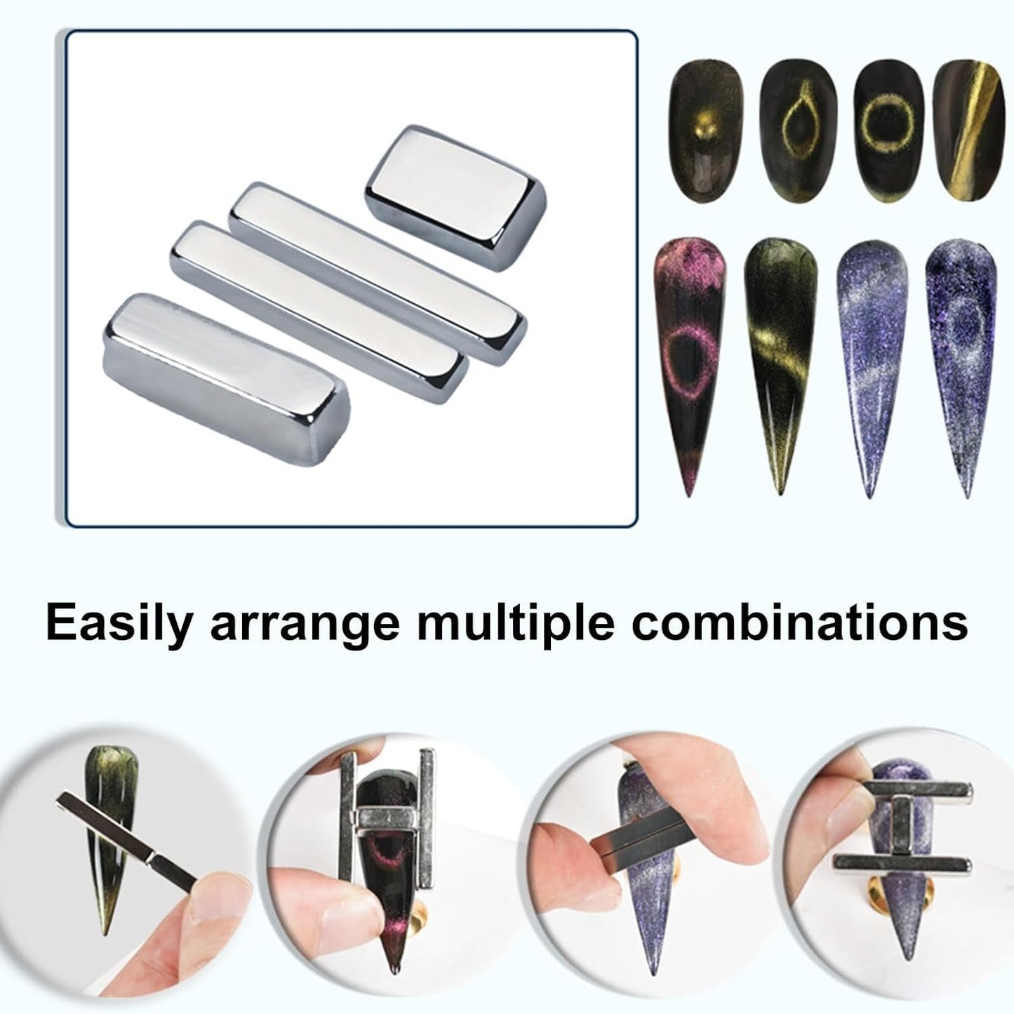 YSSZAM Varita magnética de doble cabeza plateada para ojos de gatos 3D, uñas multifuncionales y fuertes con imán de tira larga para manicura de bricolaje, esmalte de uñas de gel, herramientas de arte