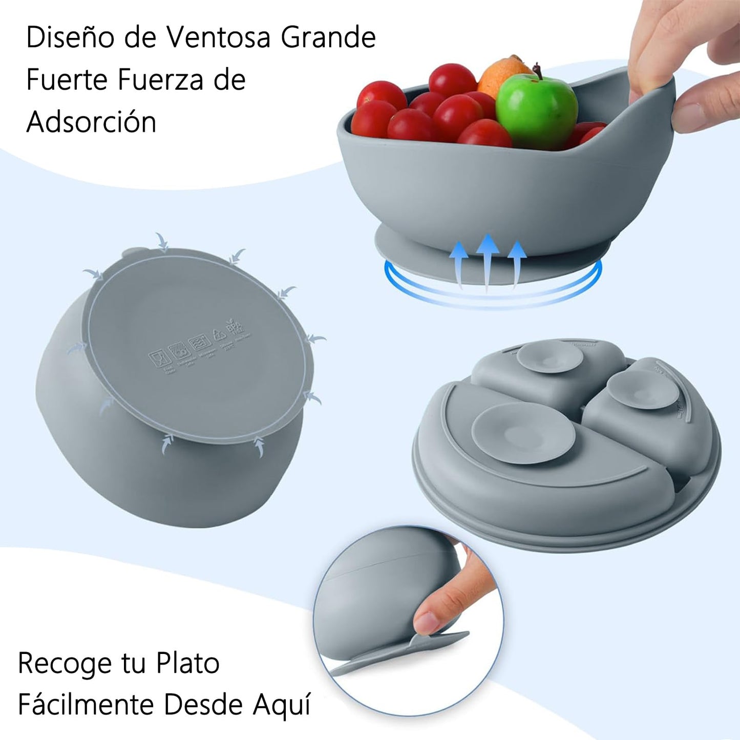 ALIYU Platos para Bebe Silicon 8PCS, Kit Alimentación Complementaria Bebe, Plato para bebe con ventosa, Baberos de silicona para bebe, Sin BPA, Fácil de limpiar, Vajilla bebe silicona (Gris)