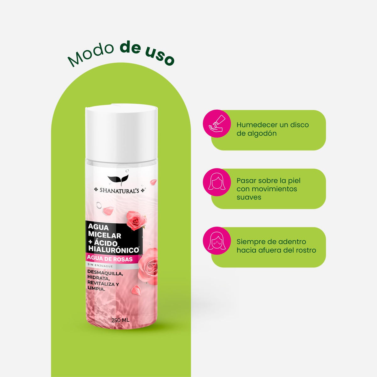 Agua Micelar con Ácido Hialurónico y Agua de Rosas, 250 mL
