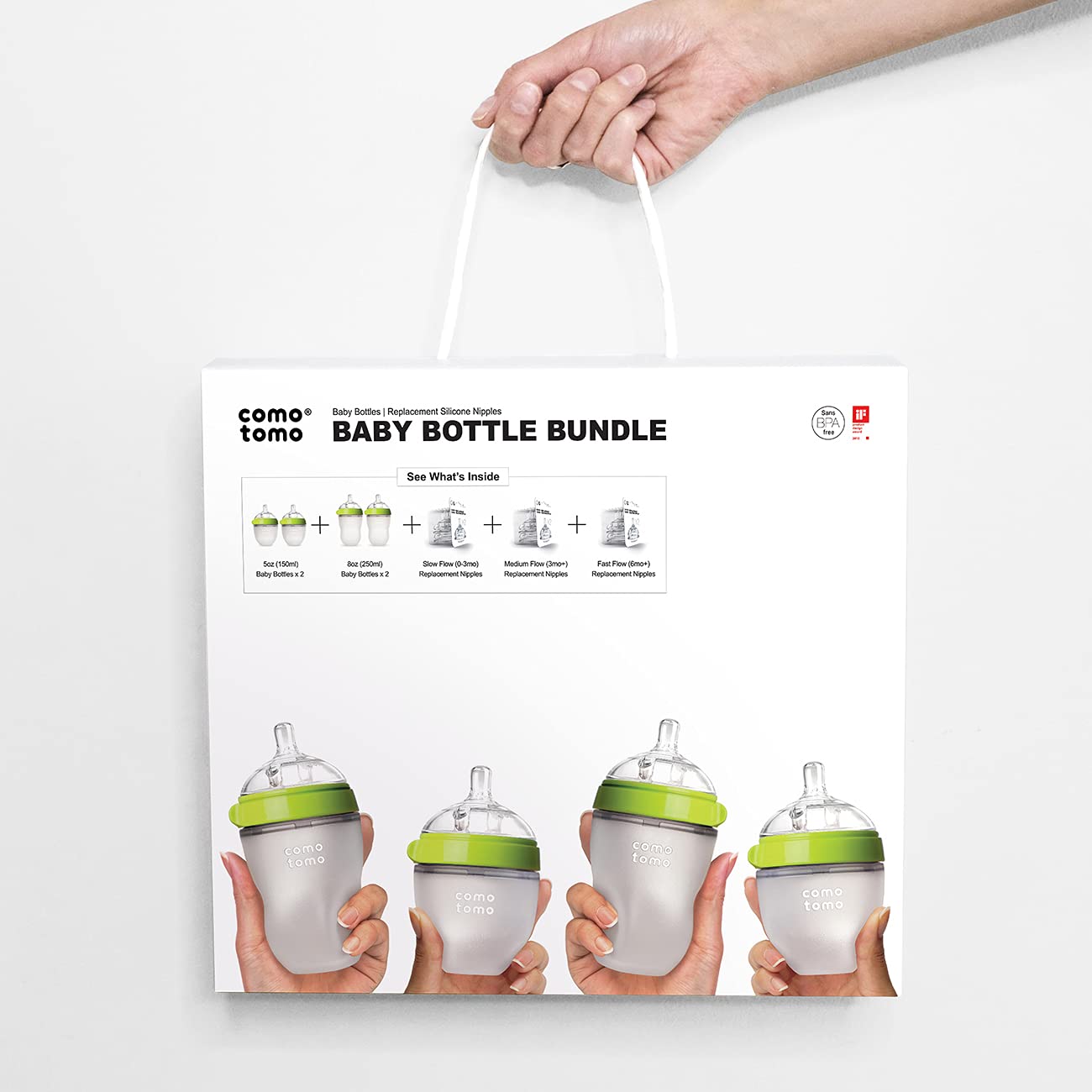 Comotomo Bundle de 4 Biberones de 2 X 150 Ml, 2 X 250 Ml, Anillo Verde, 3 Set de Tetinas Repuesto