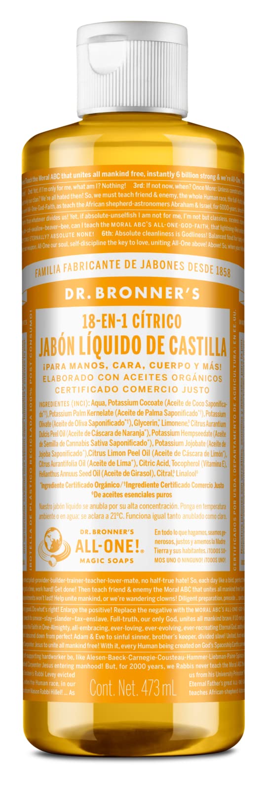 Dr. Bronner's | Jabón de castilla orgánico, ideal para todo el cuerpo, fórmula concentrada, 100% biodegradable - aroma fresco de aceites esenciales de Cítricos 473 ml