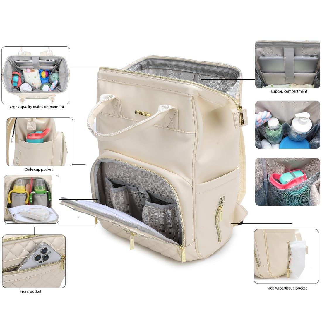 BHAFEM - Mochila para pañales para bebé, bolsa para bebé con cambiador, piel vegano, gran capacidad, mochila impermeable para pañales de viaje, Beige, Large, Casule