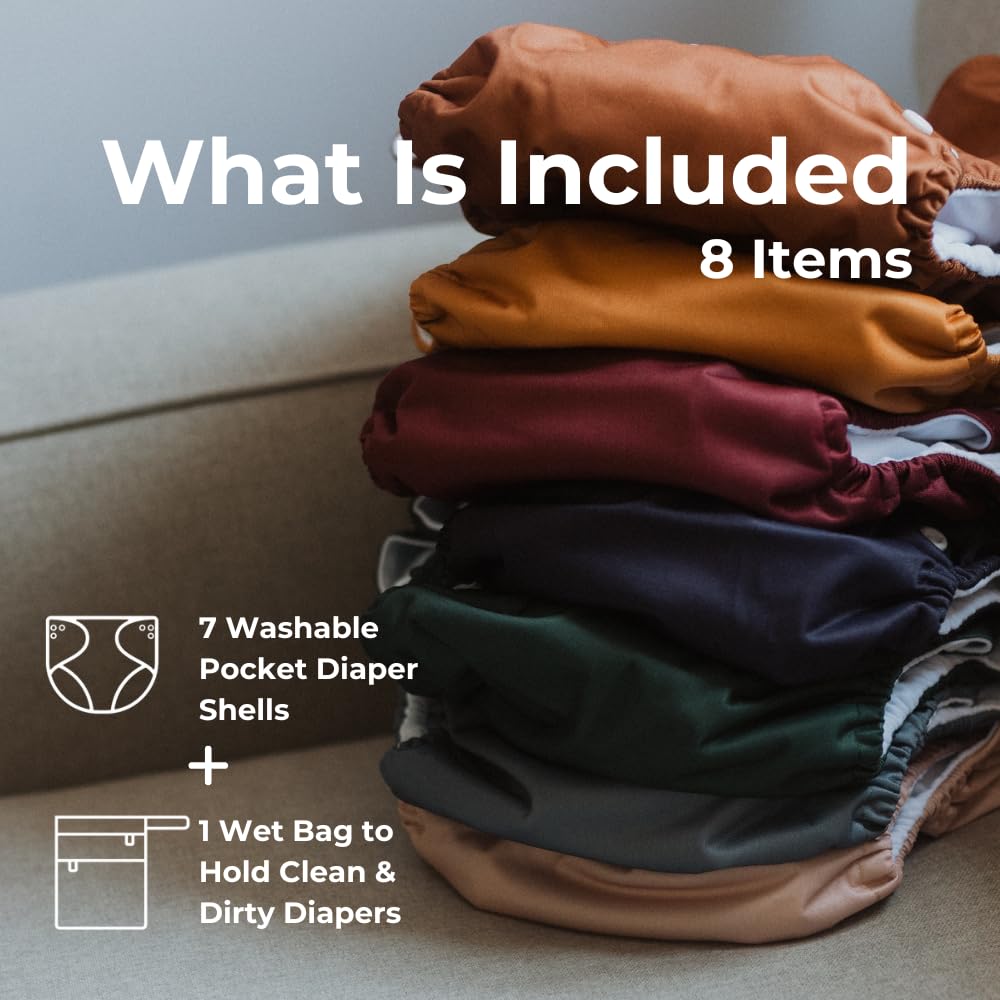 Nora's Nursery Pañales De Tela De Bolsillo Grande, Paquete De 7 Para Niños Pequeños De 35 A 55 Libras Con 1 Bolsa Húmeda, Funda Impermeable, Lavable, Reutilizable Y Talla Única Ajustable - Neutrales D