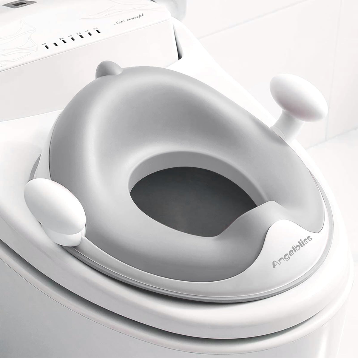 Angelbliss Asiento de inodoro infantil, para entrenamiento de Baby Potty, asiento de inodoro para niños y niñas, doble acolchado antideslizante, con asa y protección contra salpicaduras (Gris)