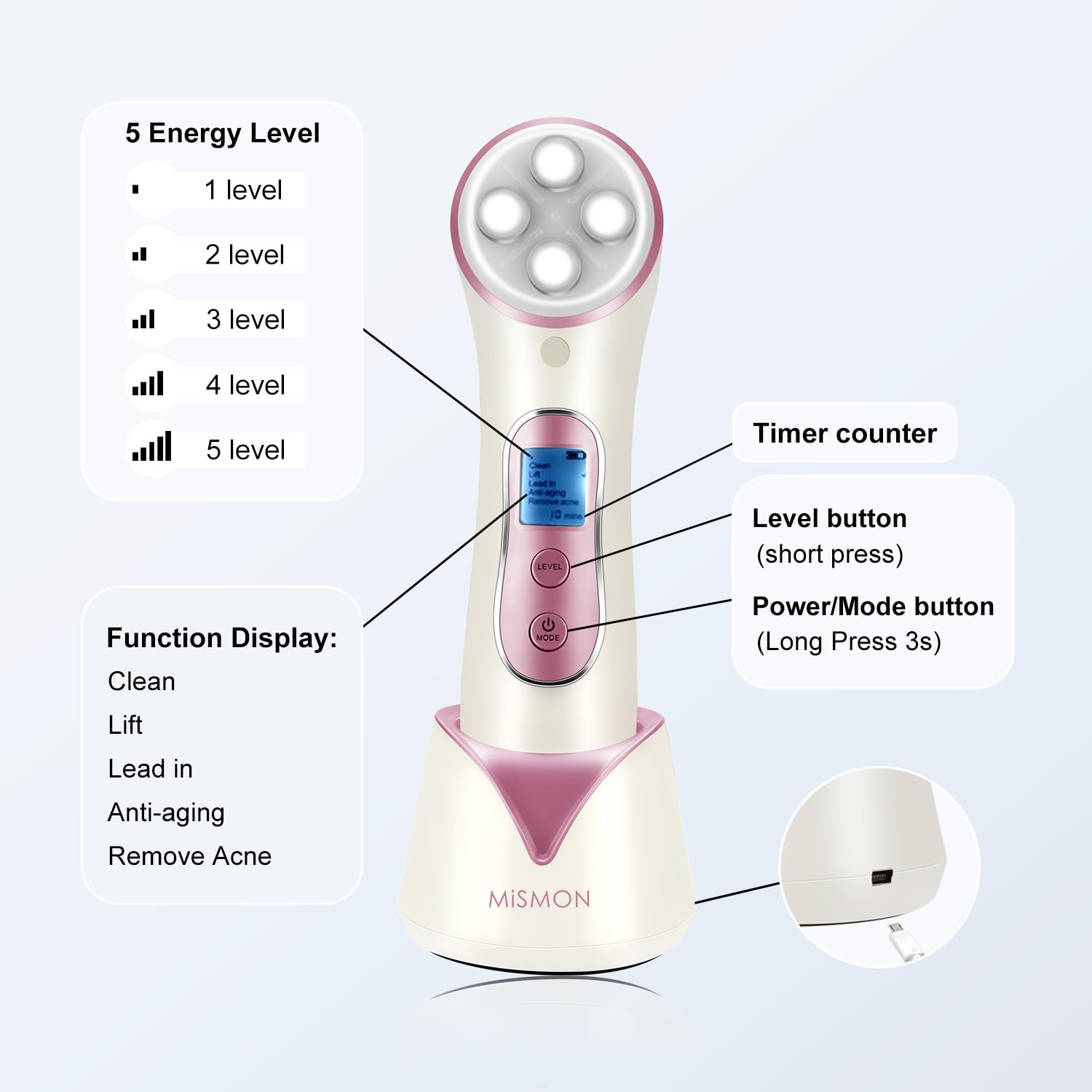 Karloz Masajeador facial multifuncional 5 en 1 de alta frecuencia para apretar la piel EMS colorida luz LED terapia de la piel máquina de tonificar la piel para levantar la cara removedor de arrugas anti-envejecimiento..