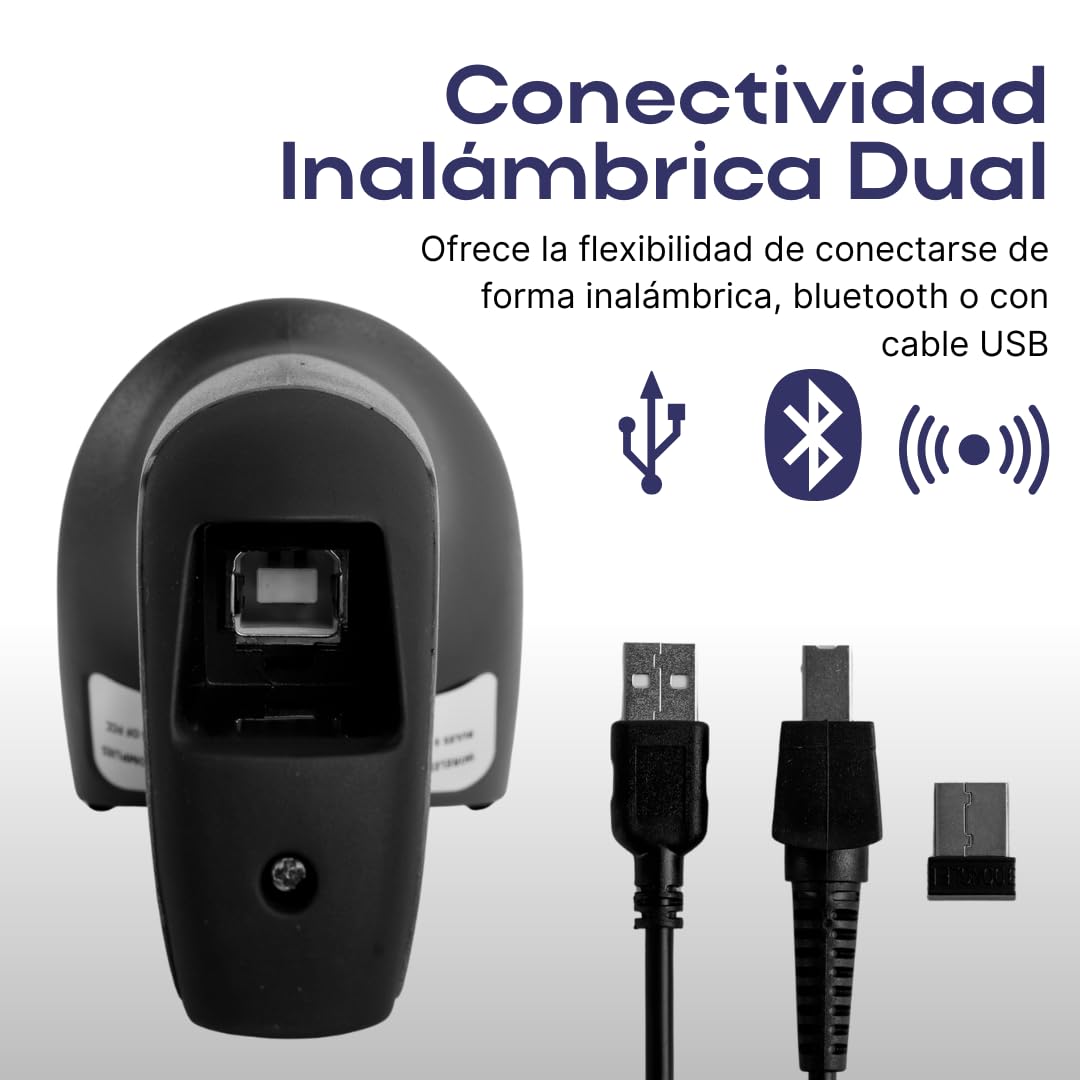Escáner de Código de Barras 2D Inalámbrico Bluetooth Alta Velocidad 65m para Inventario y Punto de Venta