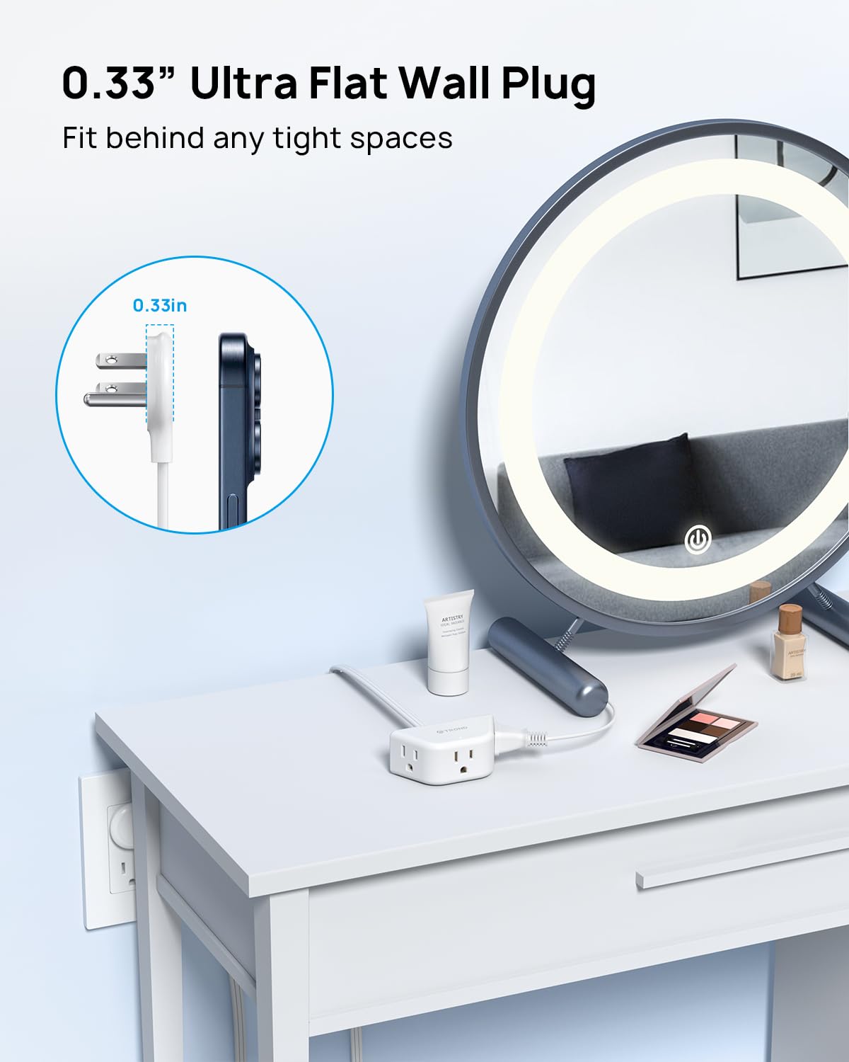 TROND Cable de extensión Largo Plano de 4,6m, regleta de Enchufe Plano de 3 Clavijas con conexión a Tierra, Cable de alimentación de Perfil Lowe de Calibre 16 para Cocina Garaje Oficina Dormitorio