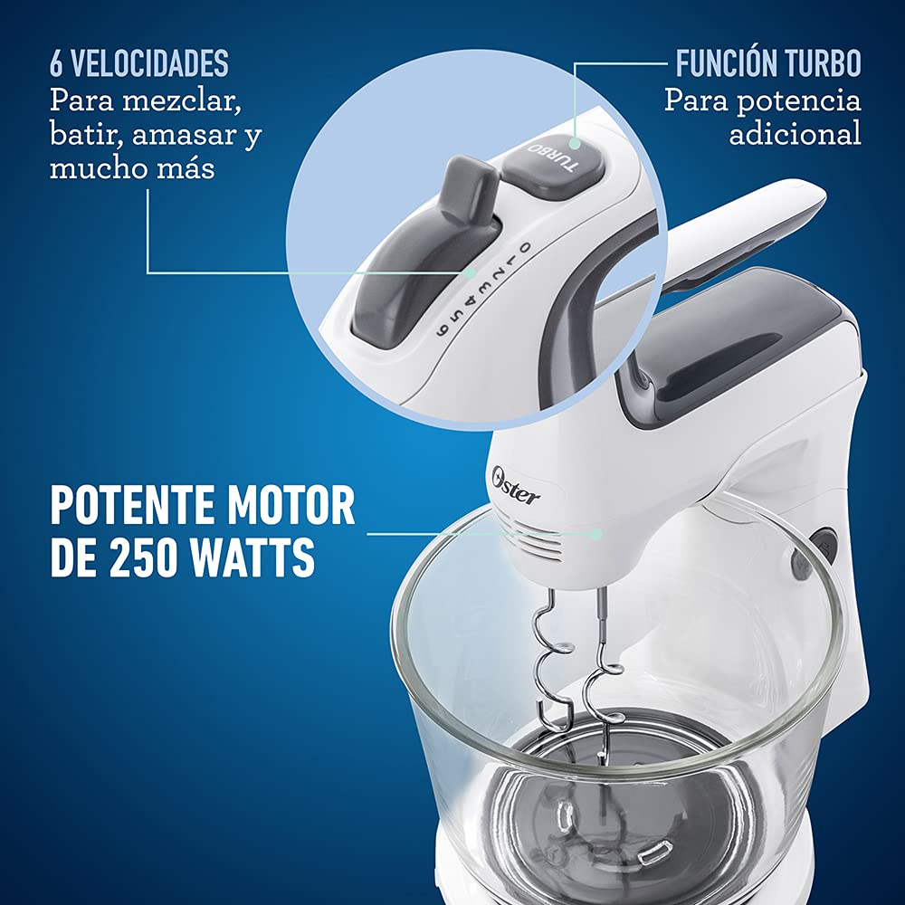 Batidora Mano Pedestal Oster blanca con Tazón de Vidrio