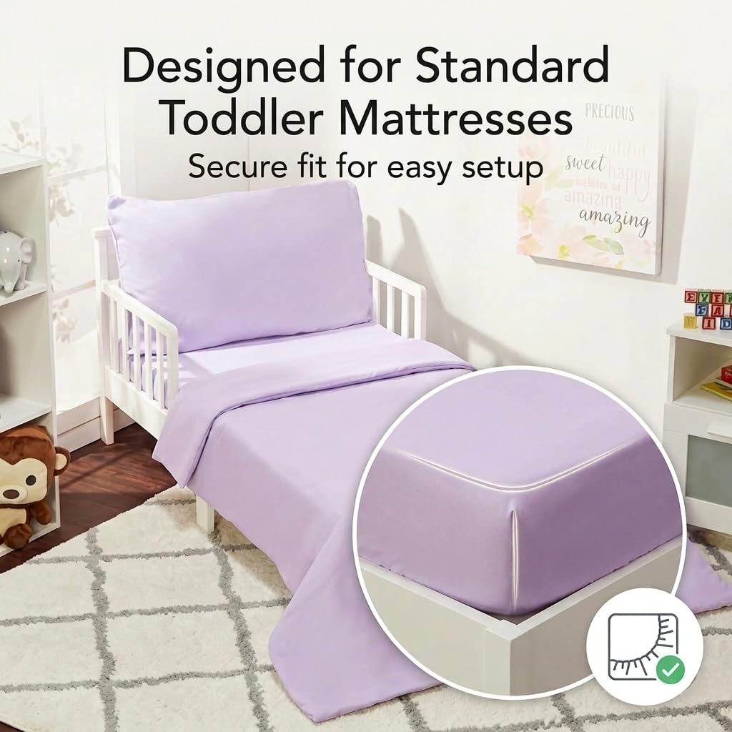 Everyday Kids - Juego de ropa de cama de 4 piezas para niños, incluye edredón, sábana encimera, sábana bajera y funda de almohada, color morado sólido
