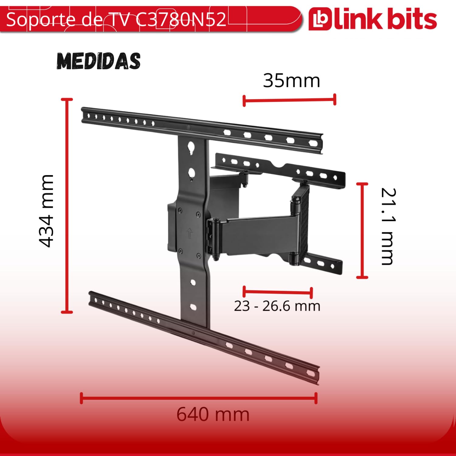 LINK BITS C3780N52 Soporte de TV movible con Brazo para Pantallas de 37” a 80”, Soporte de Pared articulado 75 Pulgadas, hasta 50 Kg (Materiales Reforzados).
