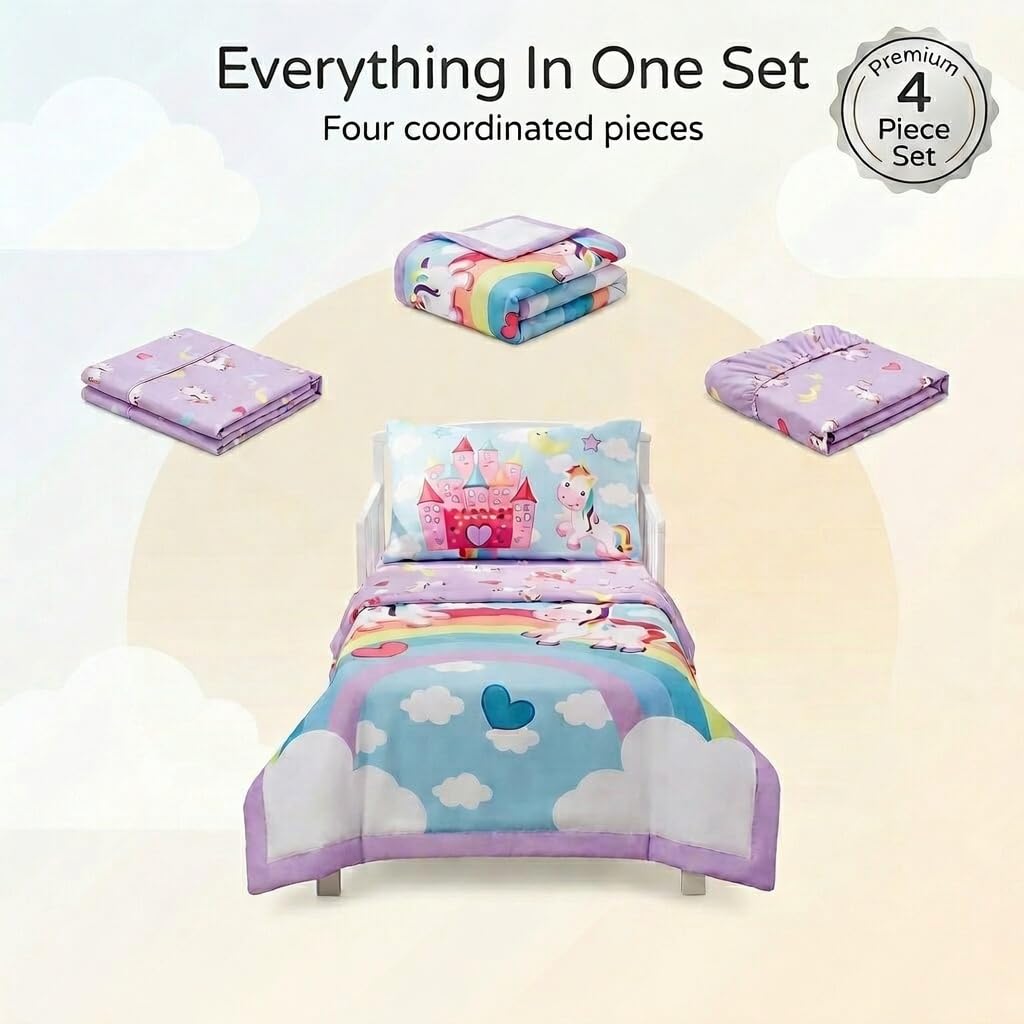 EVERYDAY KIDS - Juego de ropa de cama de 4 piezas para niños pequeños – Unicorn Dreams – Incluye edredón, sábana encimera, sábana bajera ajustable y funda de almohada reversible