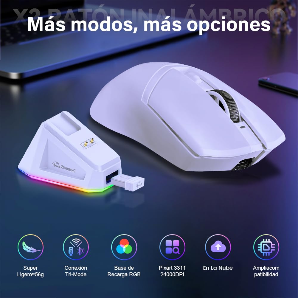 Free wolf X2 Mouse Inalámbrico con RGB Cargador, Mouse Gamer con 3 Modos de Conexión(2.4G/Type-c/BT), 24000DPI, con 7 Botones Programables para PC/Mac(Blanco)