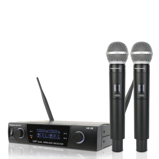 happymusic - Sistema de micrófono inalámbrico profesional UHF de 2 canales, juego de micrófono de mano inalámbrico, alcance de 150 pies, perfecto para DJ, iglesia, boda, evento, conciertos, canto,