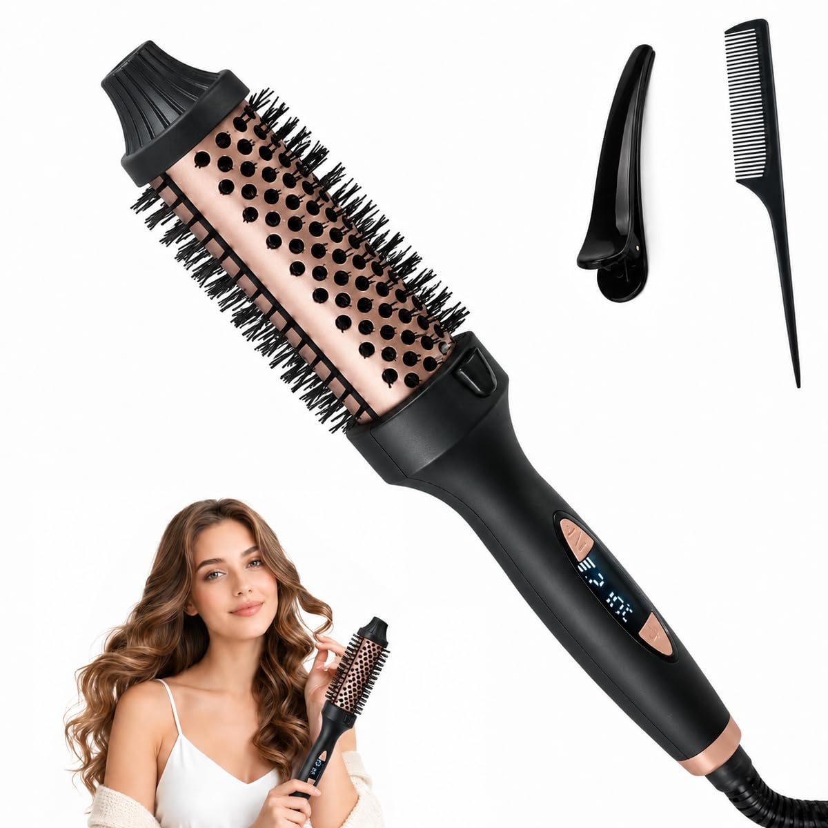 Cepillo Térmico Alisador y Rizador Cerámica Anti Frizz con Pantalla LED y Generador de Iones 2 en 1