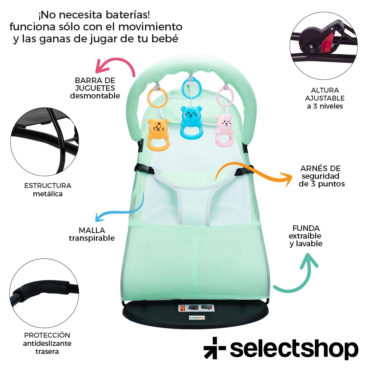 Silla Mecedora Portátil SELECTSHOP Verde con Asiento Transpirable y Cómodo para Bebé