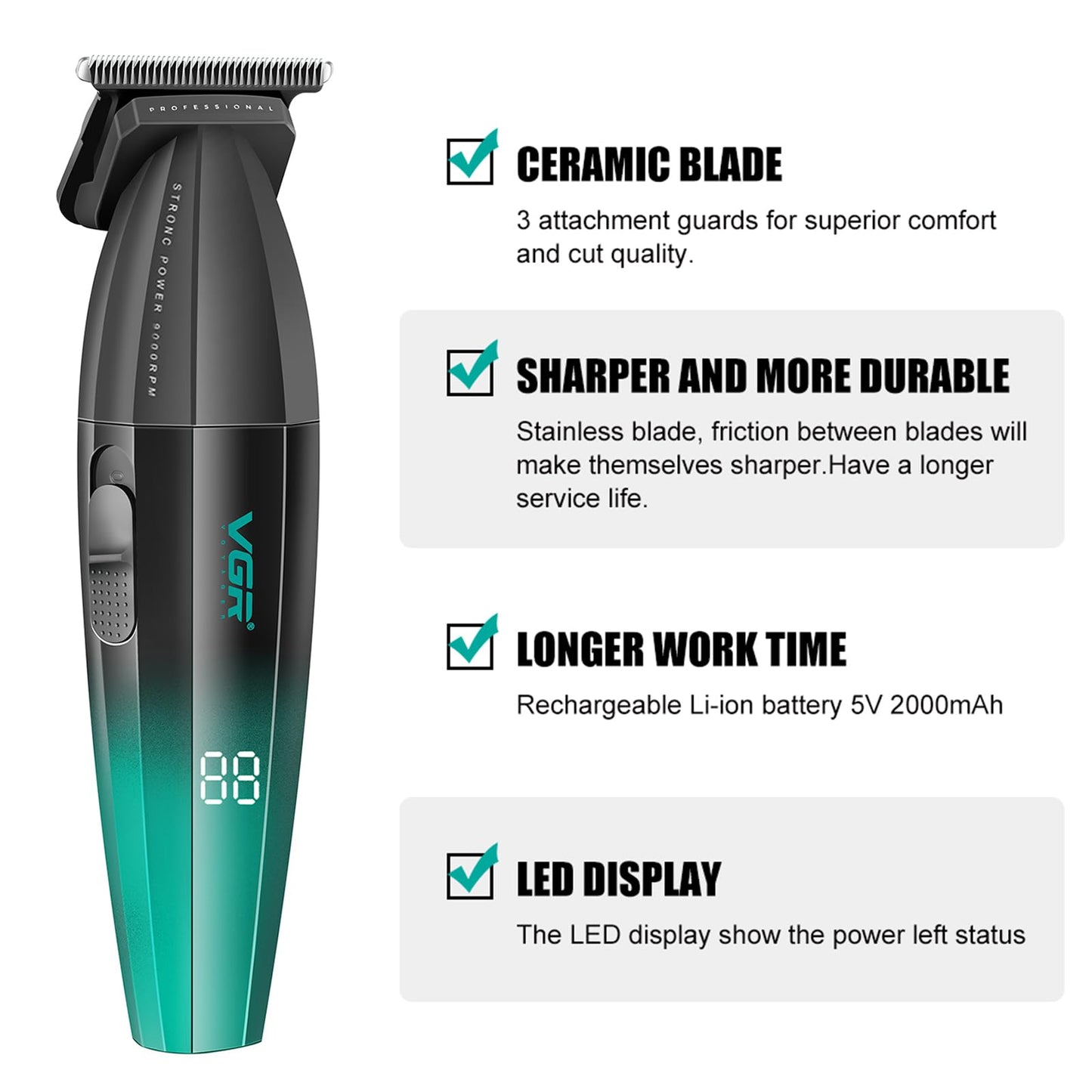VGR 906 Cortapelos profesional Fresh Fade, recortadora de barba Zero Gapped a 9000 rpm para hombres, cortapelos inalámbrico DLC T-Blade para barberos y recargable por USB, verde