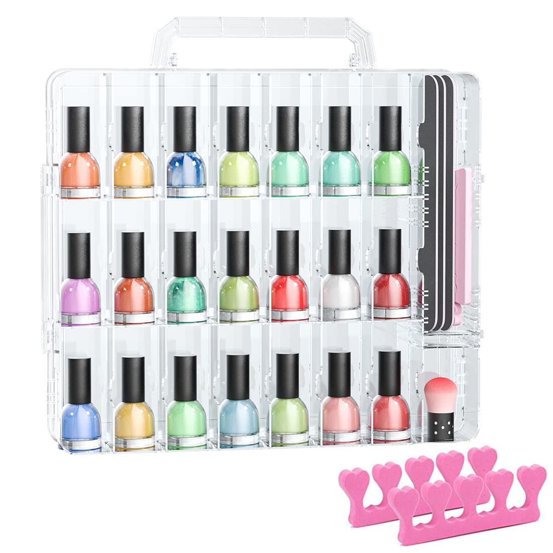 Universal Double Side Transparent Nail Polish Gel Organizer Holder for 48 Bottles Adjustable Space Divider with Two Toe Separator