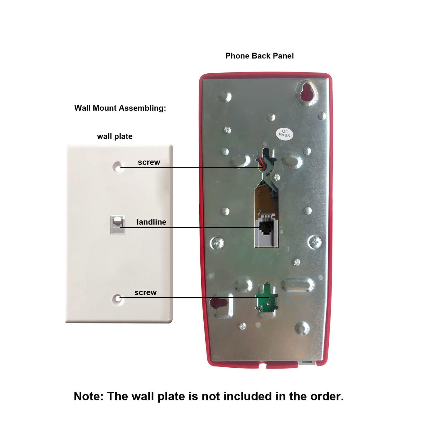 Teléfono de pared rojo, teléfono fijo montado en la pared, teléfono de pared clásico chapado en pared de plástico para hogar, oficina, hotel, cabina de teléfono, teléfono analógico antiguo ajustable