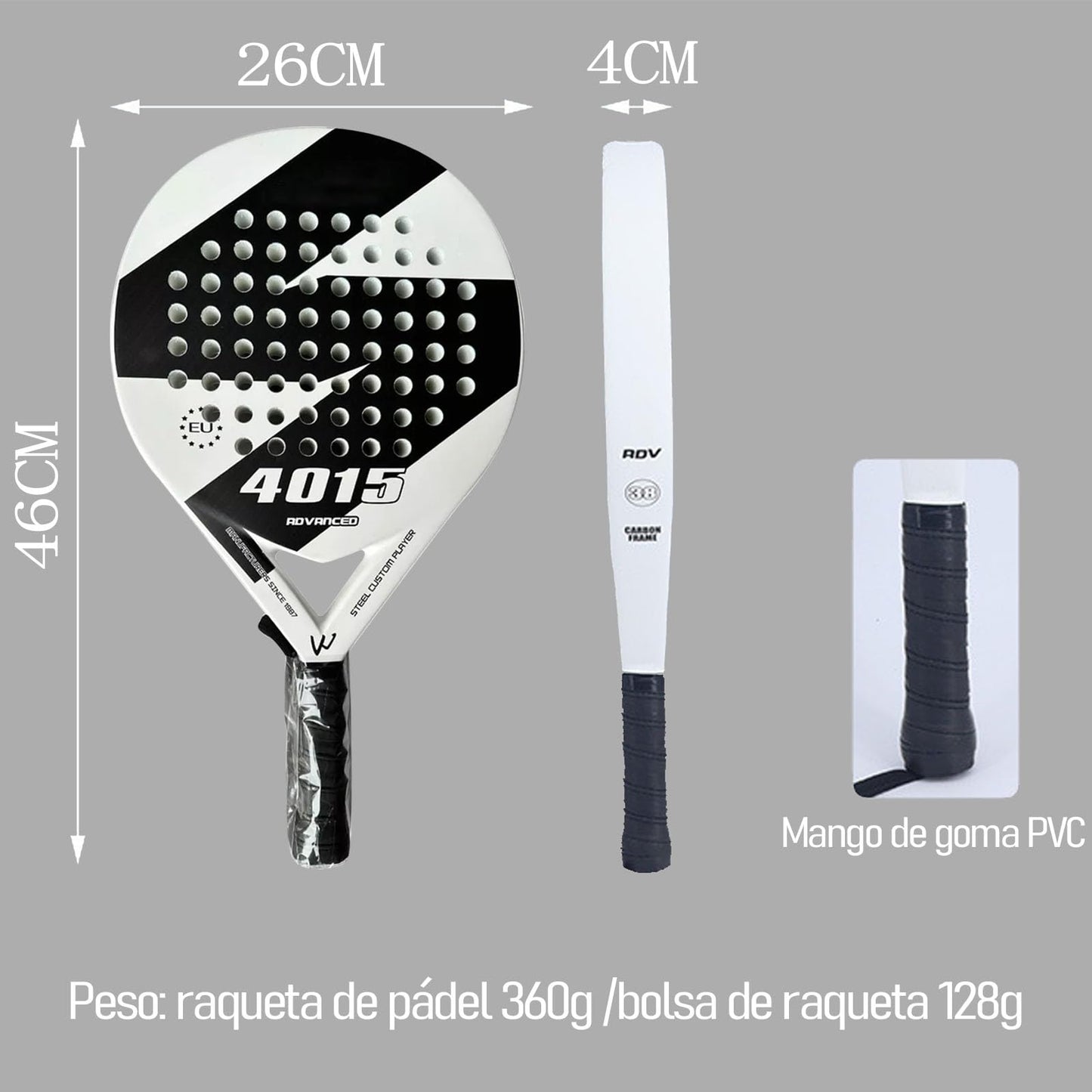 KUEIY Pala de pádel con Funda, con 3 Bolas y Grip, sándwich de Espuma EVA, Fabricada en Fibra de Carbono, Apta para Jugadores Principiantes e intermedios (Blanao)