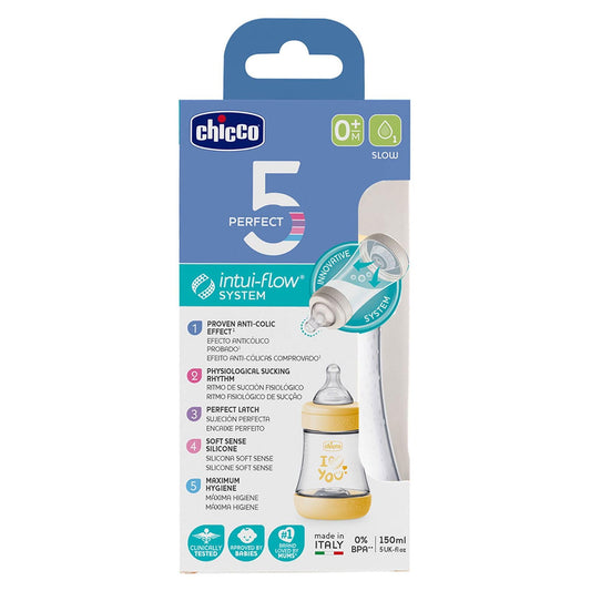 Chicco Perfect 5, Biberon Anticólico 150ml, Biberon Flujo Lento, 0 Meses+, Con Tetina de Silicona Suave, Biberon Biofuncional Con System Intui-Flow, Beige, Neutro