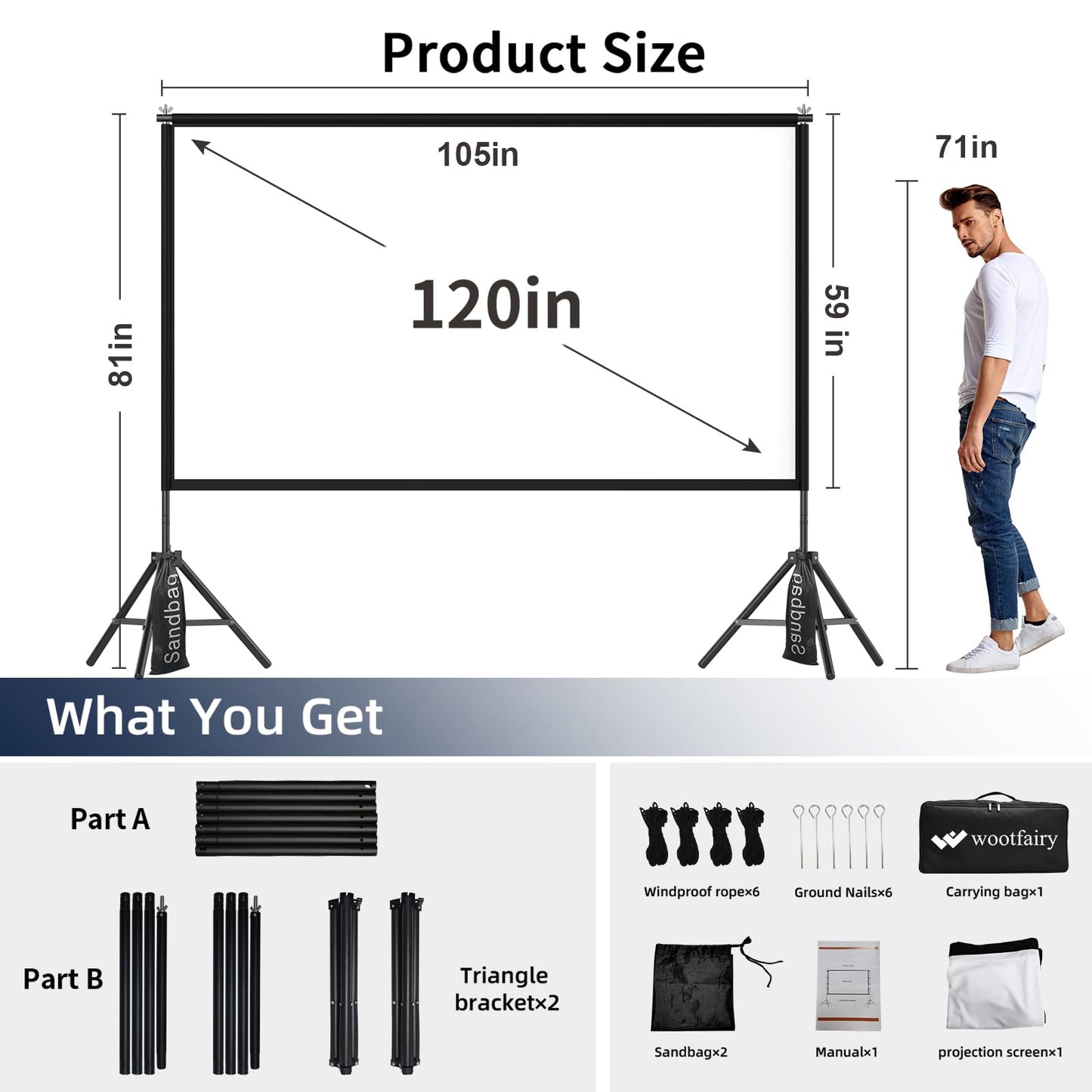 Wootfairy - visualización de proyección portátil y plegable de 120 pulgadas para interiores y exteriores, 16:9 4K HD trasera frontal sin arrugas con bolsa de transporte para cine en casa, patio