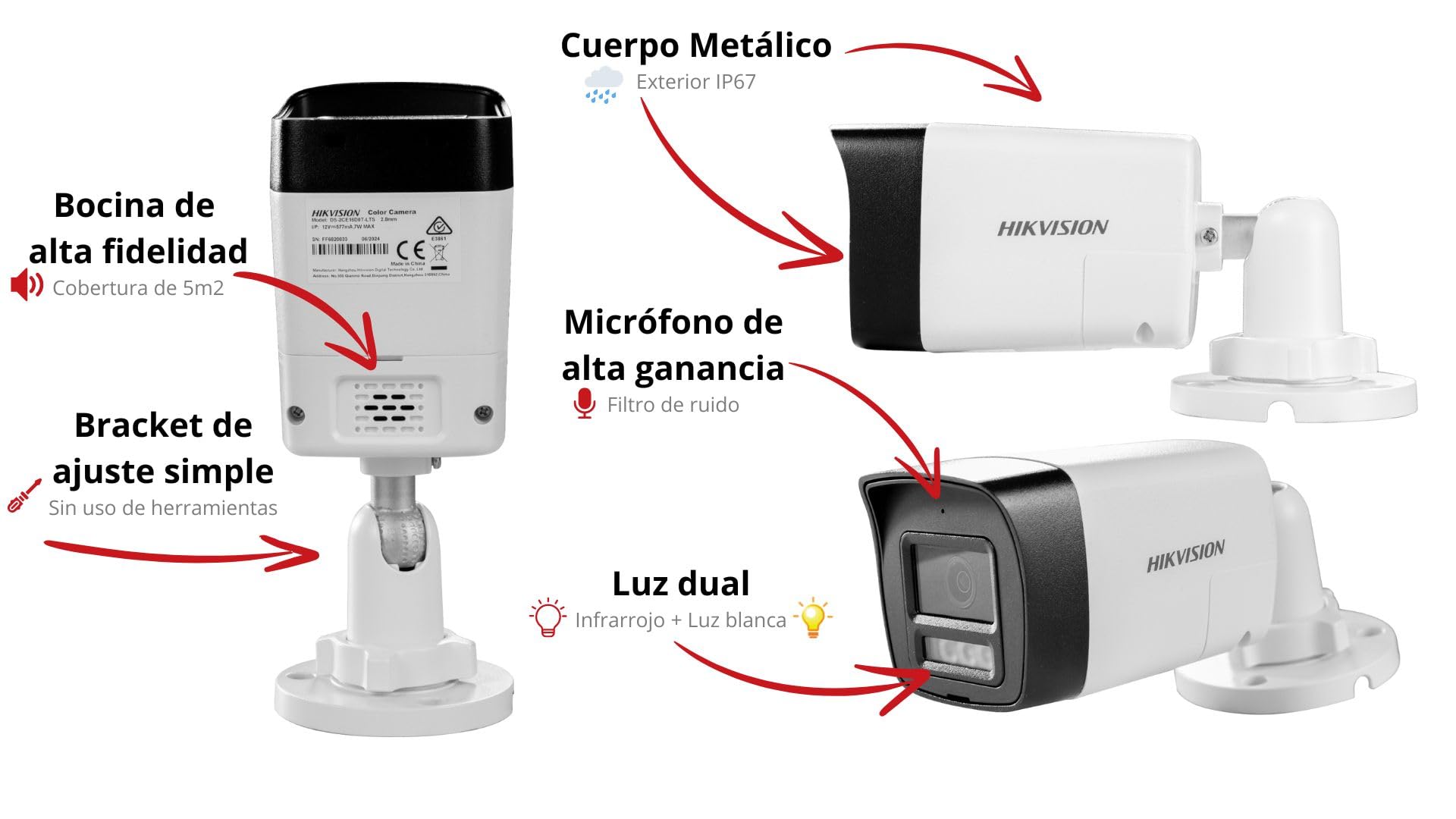 Hikvision Bala TURBOHD 2 Megapixel (1080p) / Lente 2.8 mm / 30 MTS IR EXIR + 20 MTS Luz Blanca/Micrófono y Bocina Integrado/Exterior IP67 / Metal/dWDR