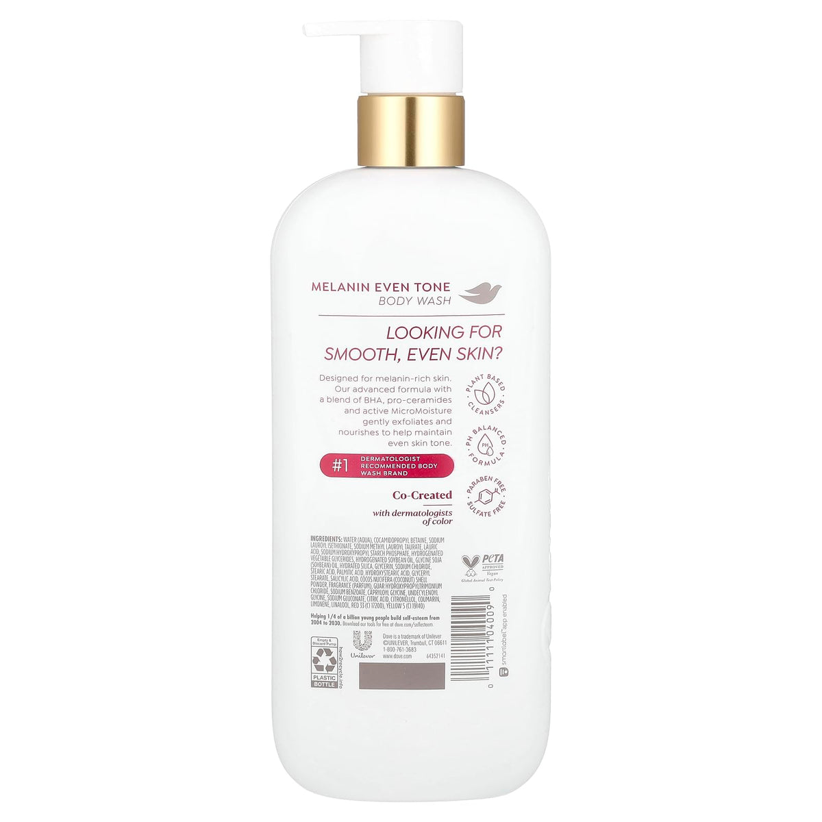 Dove Exfoliating Body Wash Melanin Even Tone promueve un tono uniforme de la piel 5% suero pro-ceramida con BHA 18.5 oz