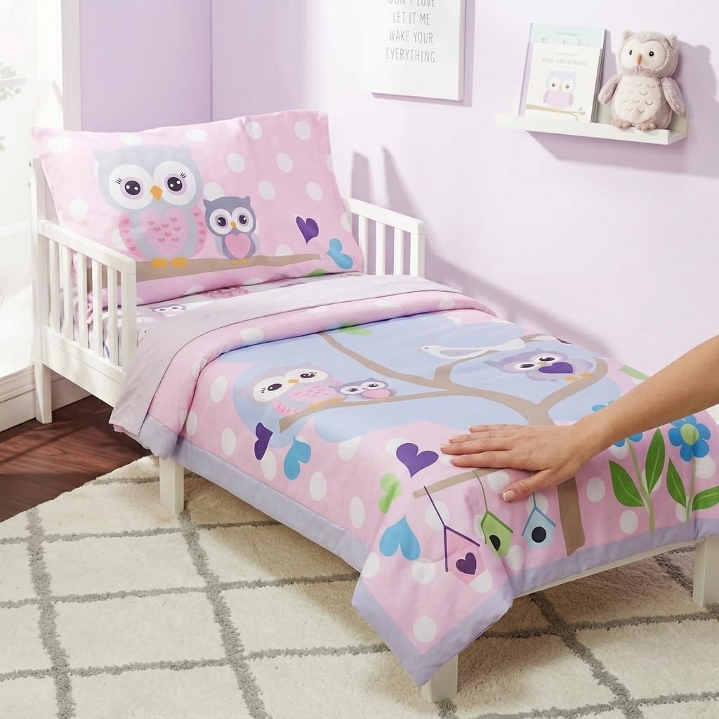 EVERYDAY KIDS Juego de ropa de cama de 4 piezas para niños pequeños - Búhos - Suave 100% Algodón Percal - Incluye edredón, sábana encimera, sábana bajera ajustable y funda de almohada reversible