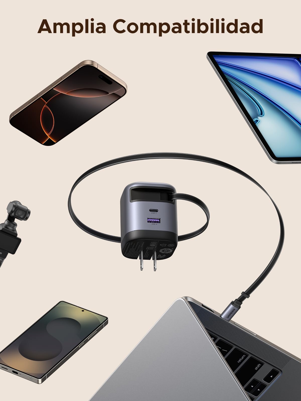 Cargador Portátil UGREEN USB C GAN 45W con Cable Retráctil y Carga Súper Rápida 2.0