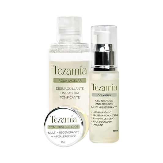Tezamía | Kit de Belleza Completo - Rutina de Skincare con Contorno de Ojos, Agua Micelar y Sérum Antiarrugas con Colágeno - Hidratación, Limpieza y Reducción de Arrugas (3 Piezas)