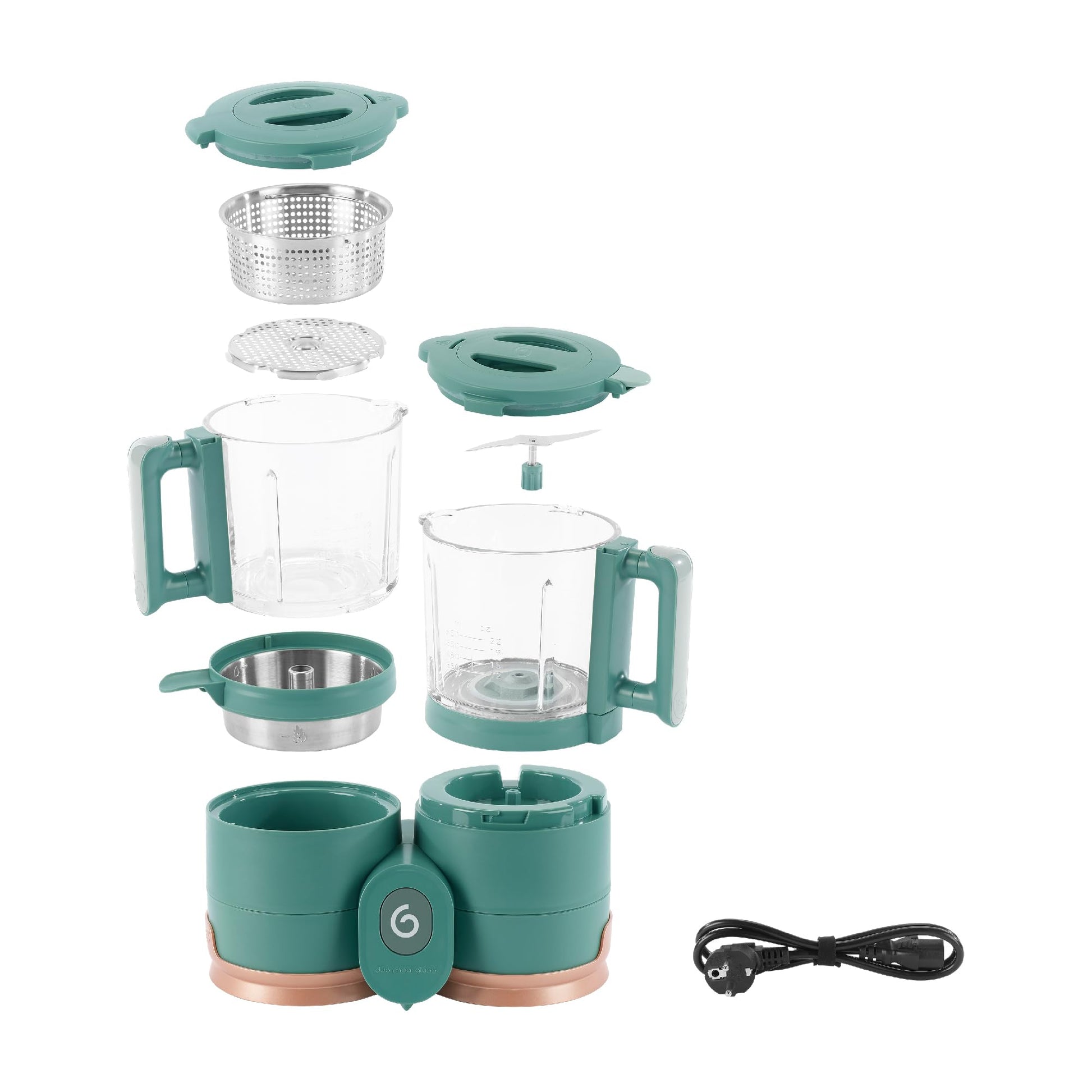 Babymoov Duo Meal de Vidrio 4 en 1: Procesador de Alimentos para Bebés con Vaporizador de Vidrio Incorporado, Cesta de Acero Inoxidable y Licuadora de Vidrio (Capacidad de Más de 6 Tazas), Verde