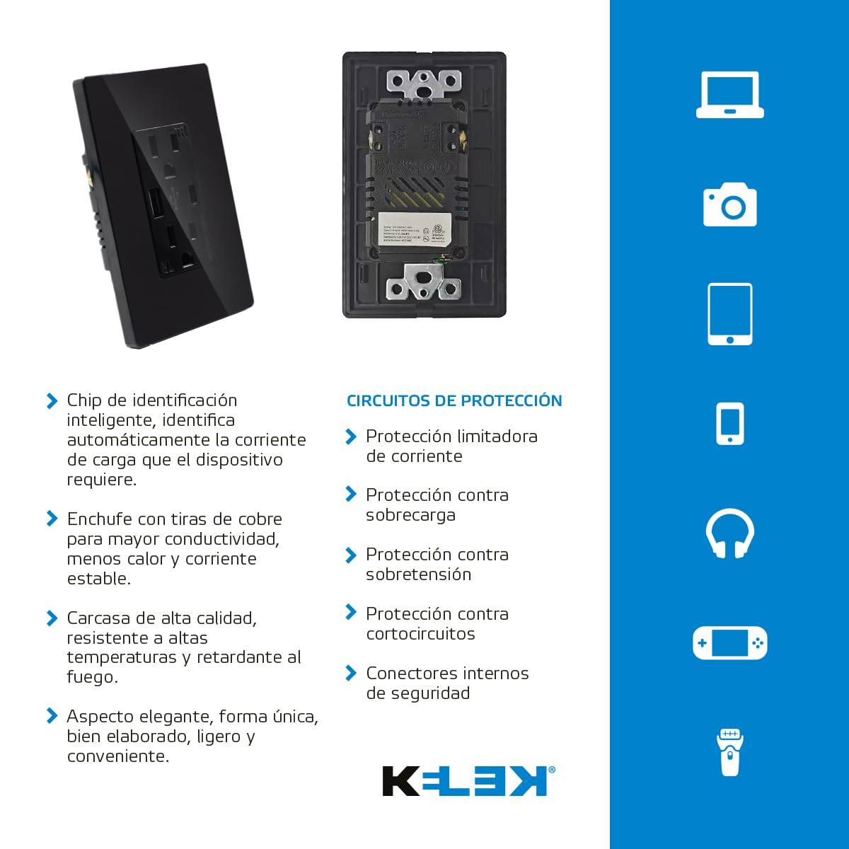 KELEK Contacto Duplex con Salida USB-A y USB-C (Negro)