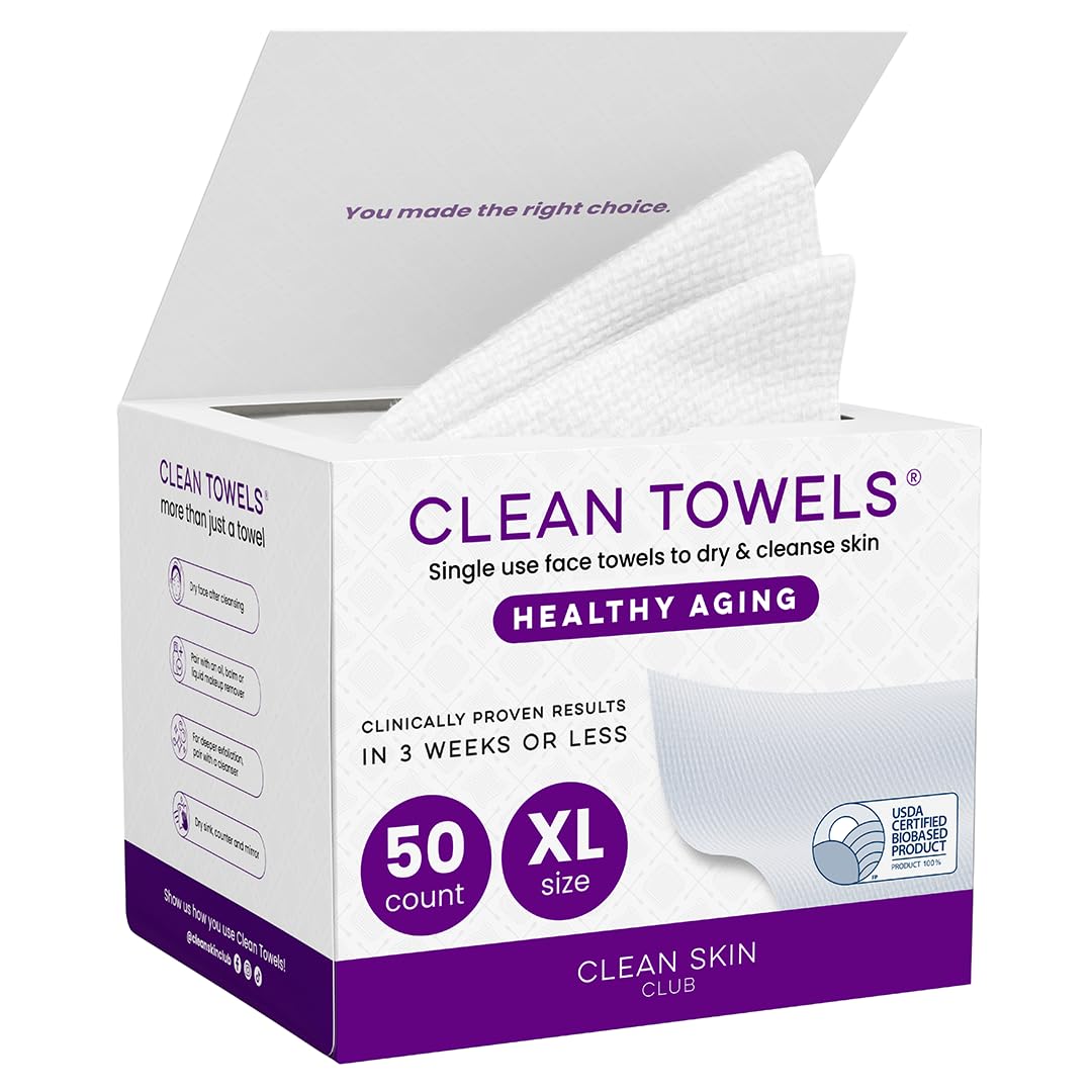CLEAN SKIN CLUB Toallas Faciales Desechables Healthy Aging Clean Towels Xl, Suavizan Líneas De Expresión, Arrugas Y Textura En 6 Semanas, Tratadas Para Mayor Suavidad, Desmaquillantes Antiedad, Paquet