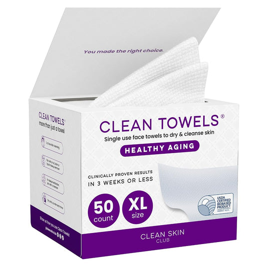 CLEAN SKIN CLUB Toallas Faciales Desechables Healthy Aging Clean Towels Xl, Suavizan Líneas De Expresión, Arrugas Y Textura En 6 Semanas, Tratadas Para Mayor Suavidad, Desmaquillantes Antiedad, Paquet