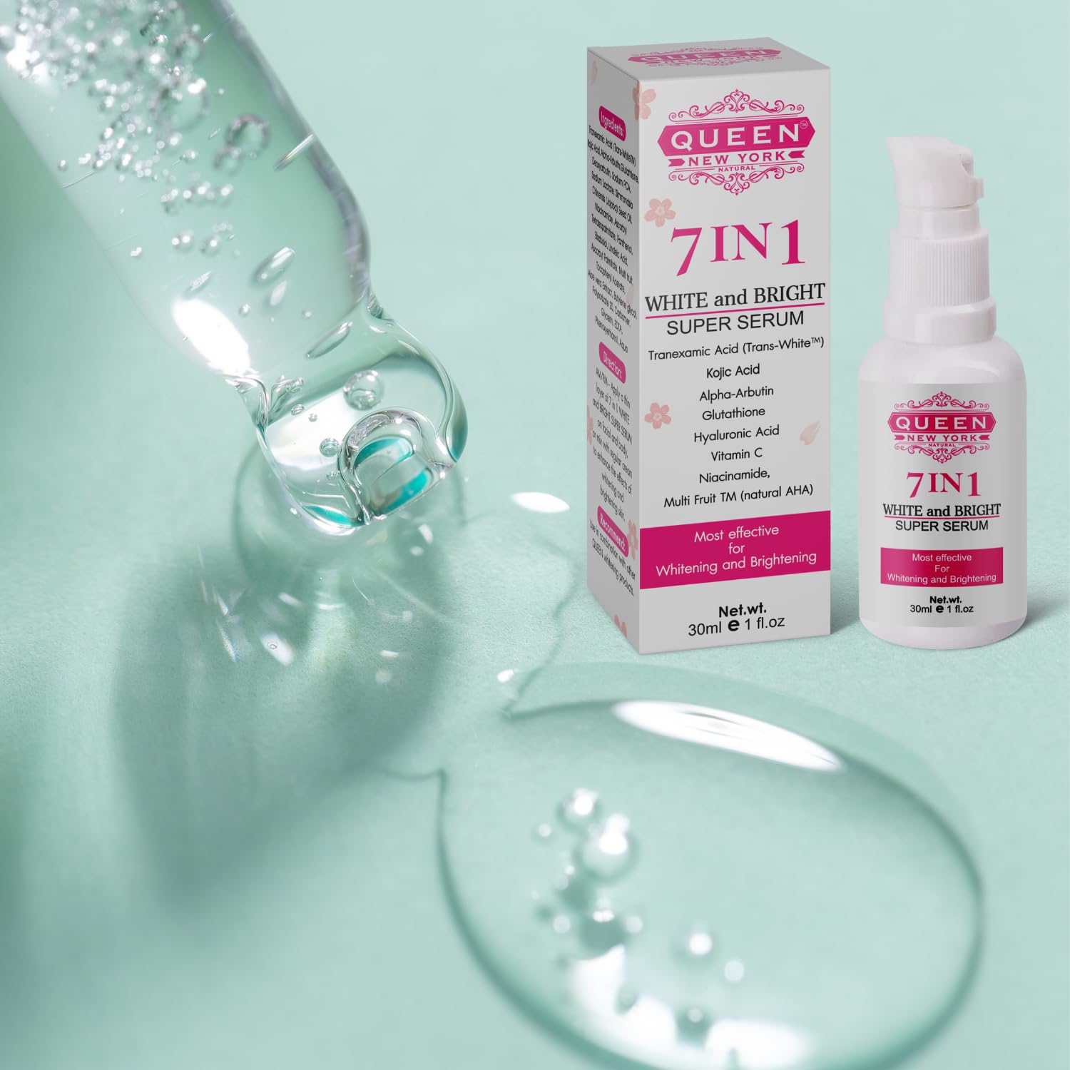 QUEEN NATURAL NEW YORK Ácido tranexómico 7 en 1 blanqueamiento y blanqueamiento Super Serum-Tranexamic Acid, Alpha arbutin, Glutathione, ácido hialurónico Vitamina C-Dark Spots, Hyper-pigmentation, Melasma Sun Damage (2 botellas)
