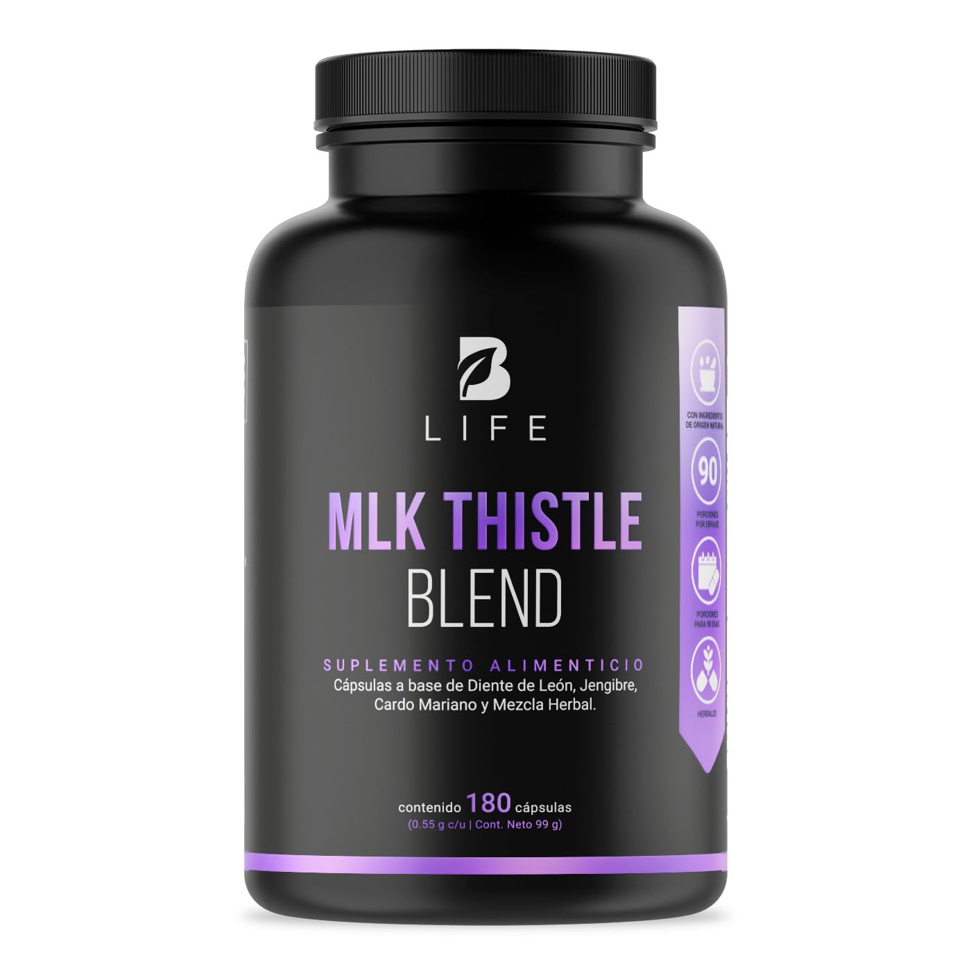 Cardo Mariano 180 cápsulas 1100 mg por porción. Hoja de Diente de León, Raíz de Jengibre y Mezcla Herbal. Ingredientes naturales. Mlk Thistle Blend B Life.