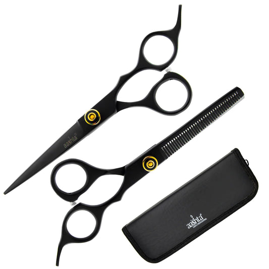 Kit de Tijeras Profesionales para Corte de Cabello, Barber Estilista Peluquero 6" Aashta (NEGRO)