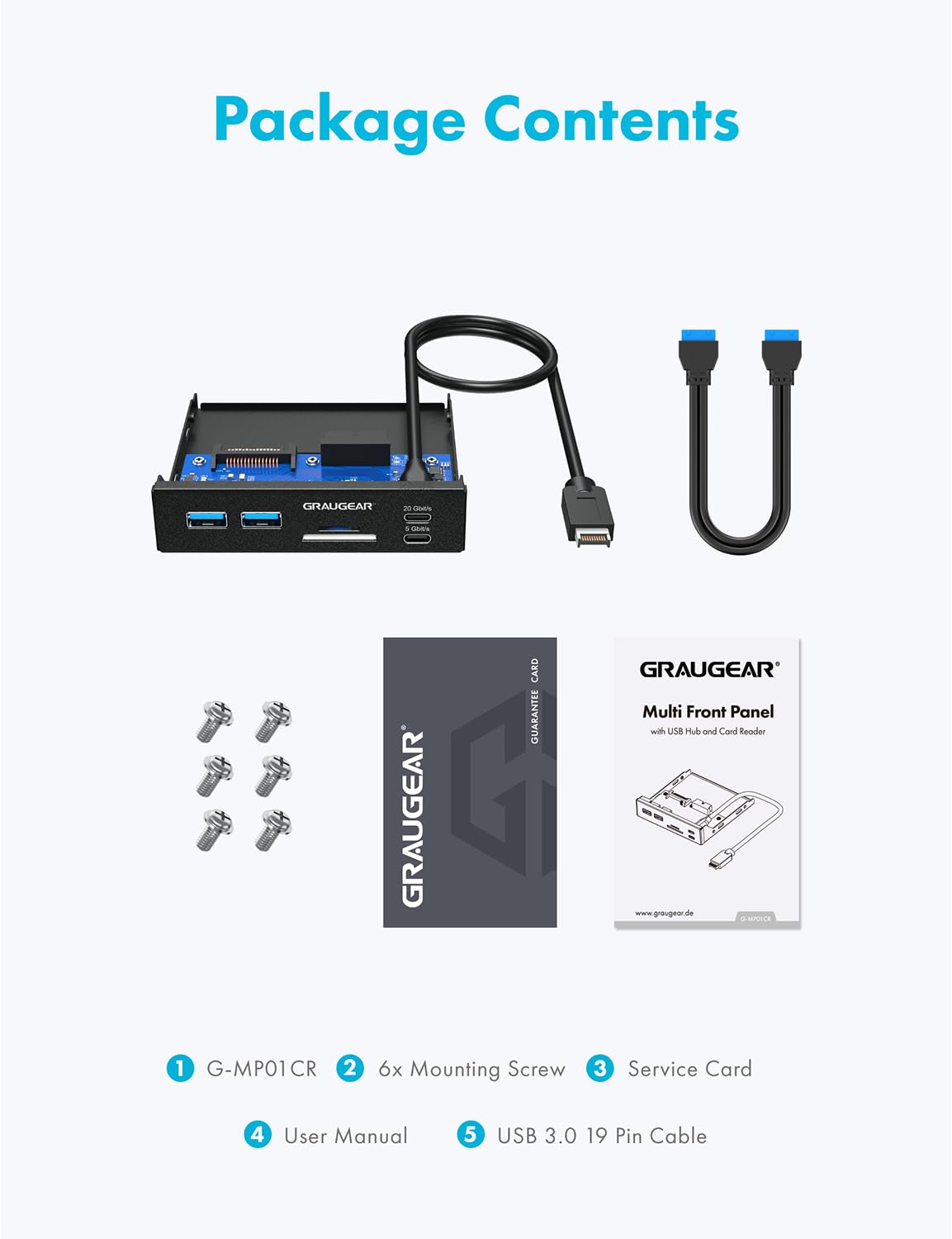 GRAUGEAR Hub USB de panel frontal de 3.5 pulgadas con lector de tarjetas interno, USB 3.2 Gen2 USB-C, puertos USB 3.0, ranuras para tarjetas SD MicroSD/TF, cabezal de llave A de 20 pines y conexión de alimentación SATA, bahía de 3.5 pulgadas [G-MP01CR]