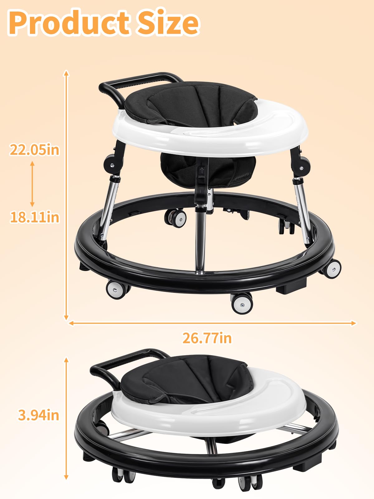 Baby Walker with Wheels, Activity Center with Mute Wheels Anti-Rollover, 5 Height Adjustable Foldable Baby Walkers for Boys and Girls from 6-18 Months with Footrest