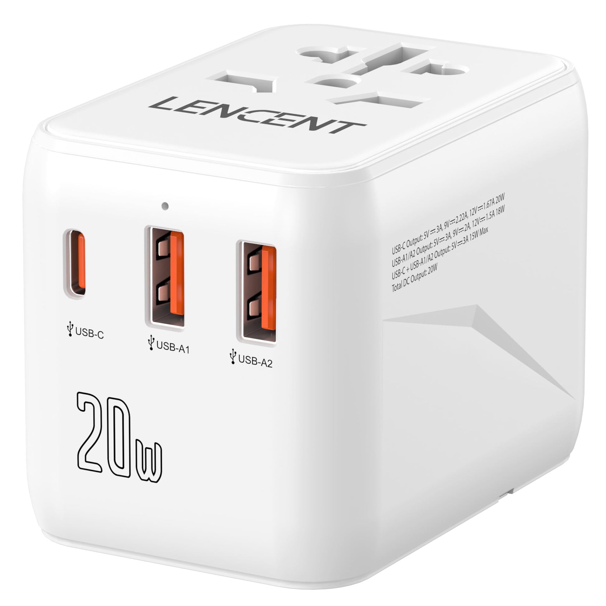 LENCENT Adaptador de Viaje Universal, Cargador Internacional PD20W con 2 Puertos USB y Carga Rápida Tipo C, Cargador de Pared Mundial para iPhone, Samsung, Laptop, Enchufe USA/UK/UE/AUS, Blanco