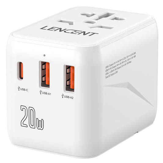 LENCENT Adaptador de Viaje Universal, Cargador Internacional PD20W con 2 Puertos USB y Carga Rápida Tipo C, Cargador de Pared Mundial para iPhone, Samsung, Laptop, Enchufe USA/UK/UE/AUS, Blanco