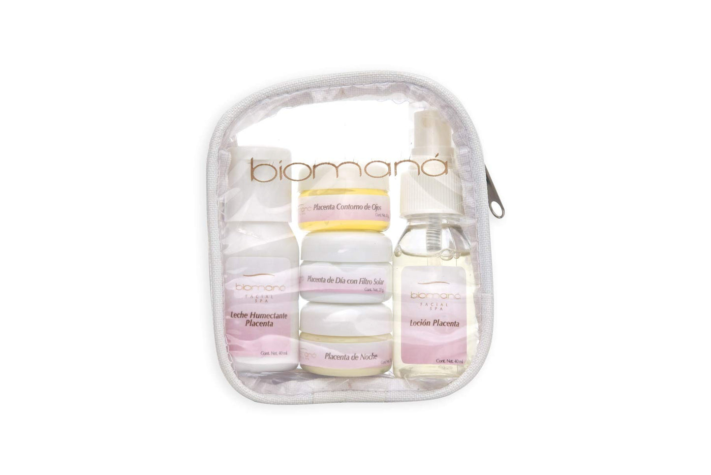 Biomaná Kit de viaje Placenta (crema día, crema noche, gel ojos, loción tonificante y desmaquillante)