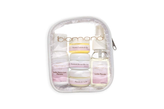 Biomaná Kit de viaje Placenta (crema día, crema noche, gel ojos, loción tonificante y desmaquillante)