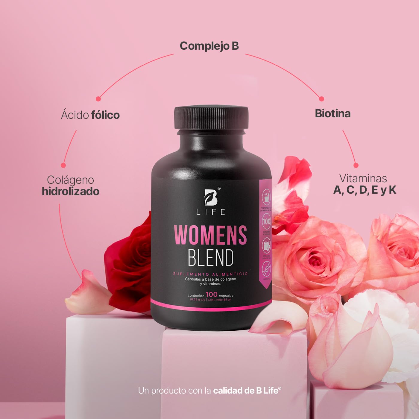 B Life Multivitamínico para Mujer | 100 cápsulas | 650 mg por porción | Colágeno Hidrolizado, Biotina | Ingredientes naturales| Womens Blend.