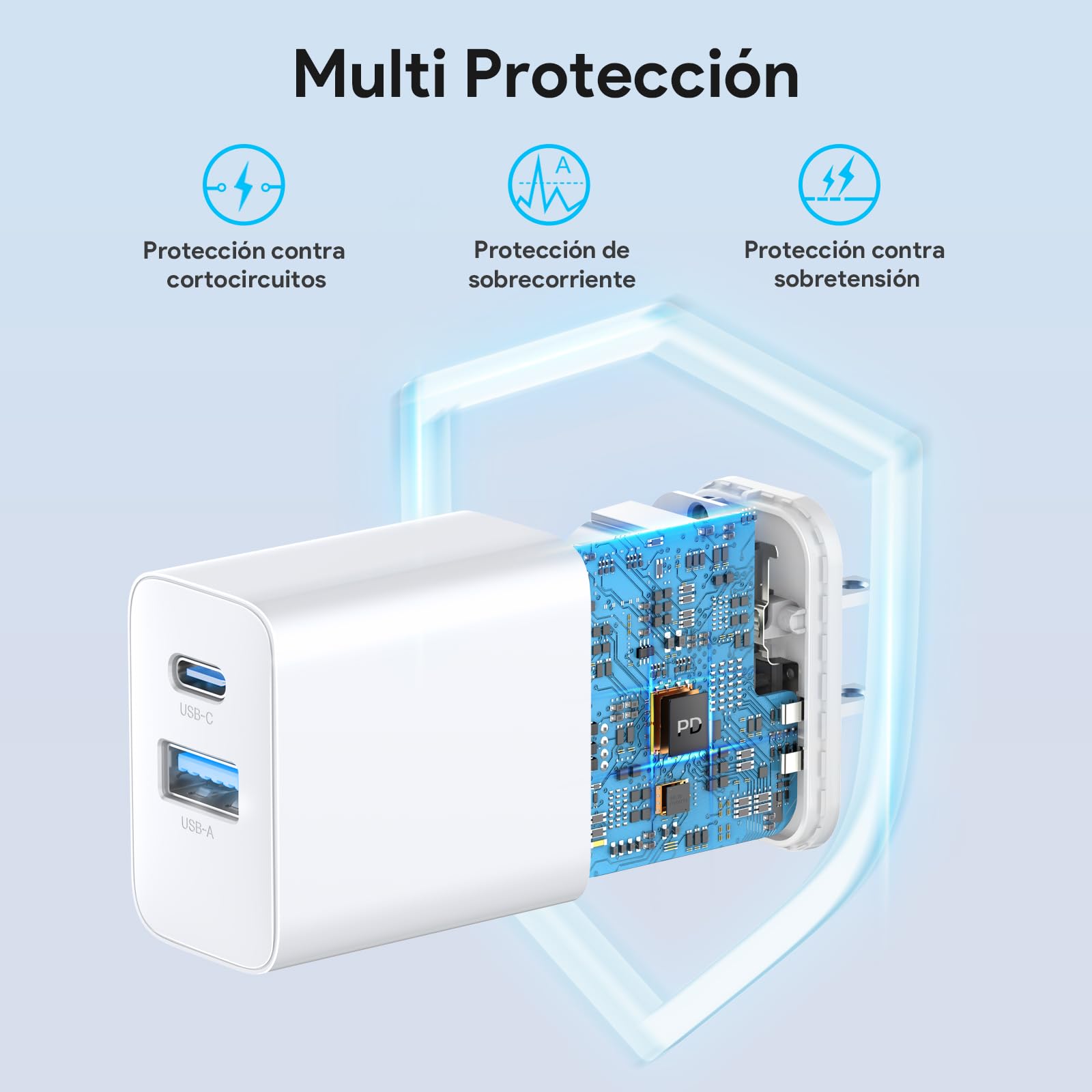 1 Hora 3 Paquetes Cargador Carga Rápida 20W 2 en 1, Cargador Tipo C PD 20W + USB A QC 18W con Cable C a C, Compatible con IP 15 14 13 Pro MAX XS, Galaxy S24/S23/S22/S21+/Note 10, iPad Pro