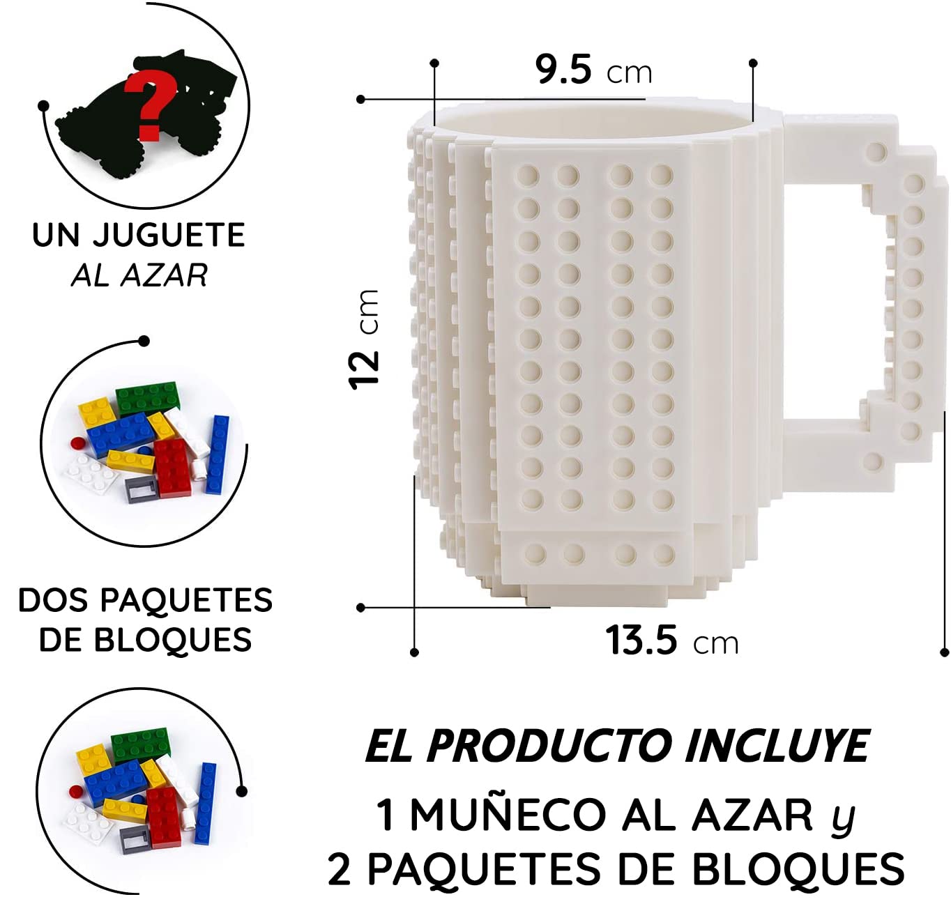 John & John Taza armable de diseño Divertido para Ladrillos, Incluye un muñeco y 2 Sets de Bloques de construcción para Jugar (10 Colores) - Blanco