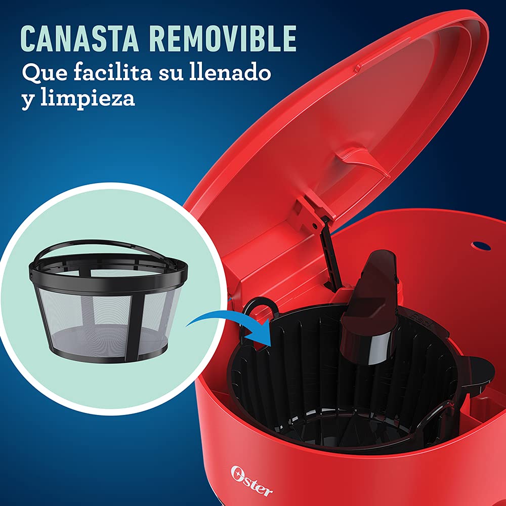 Cafetera Oster roja sistema programable 12 tazas con reloj digital