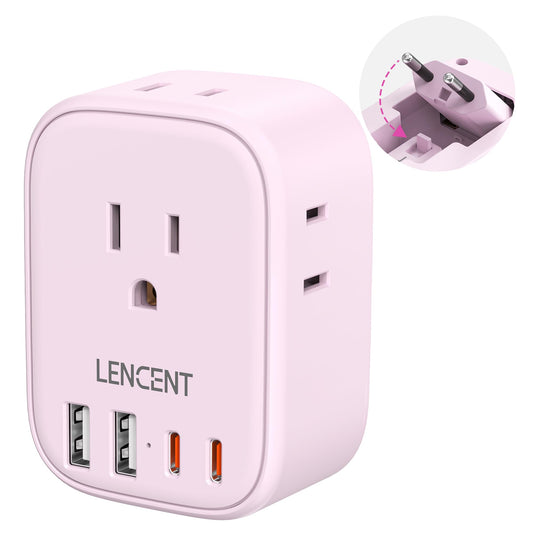 LENCENT Adaptador Europeo Plegable, Adaptador de Corriente con 4 Salidas y 4 Puertos USB (2USB C), Cargador Americano a Europeo para Alemania, España, Italia, Francia, Apto para Cruceros, Rosado