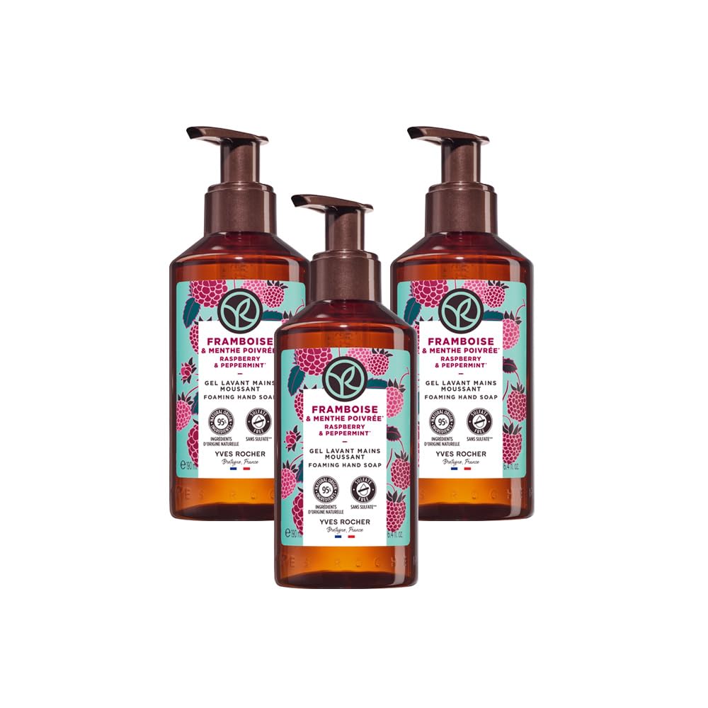 Yves Rocher, Set Jabón para Manos Frambuesa y Hierbabuena, Ingredientes Naturales, Incluye 3 Jabones de 190 ml c/u