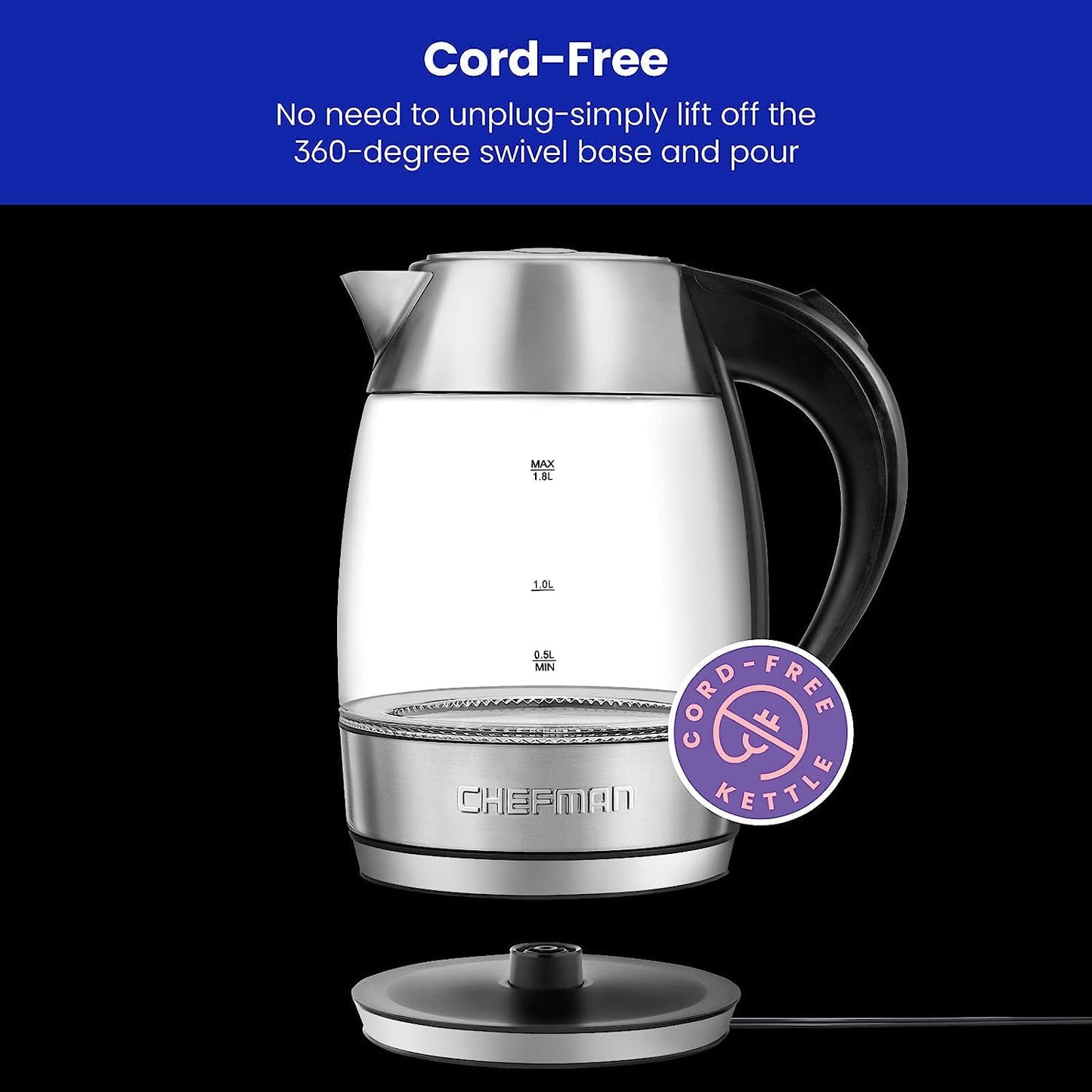 Chefman Tetera con Jarra de Cristal | Hervidor Eléctrico de 1.8 Litros | Base de 360 Grados | Acero inoxidable